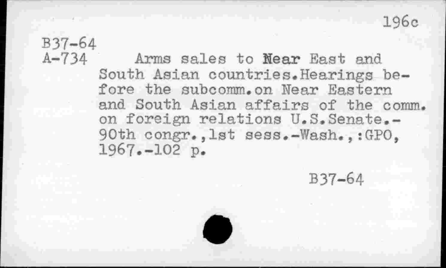 ﻿196c
B37-64
A-734 Arms sales to Near East and South Asian countries.Hearings before the subcomm.on Near Eastern and South Asian affairs of the comm, on foreign relations U.S.Senate.-90th congr. ,1st sess.-Wash., :CtPO, 1967.-102 p.
B37-64